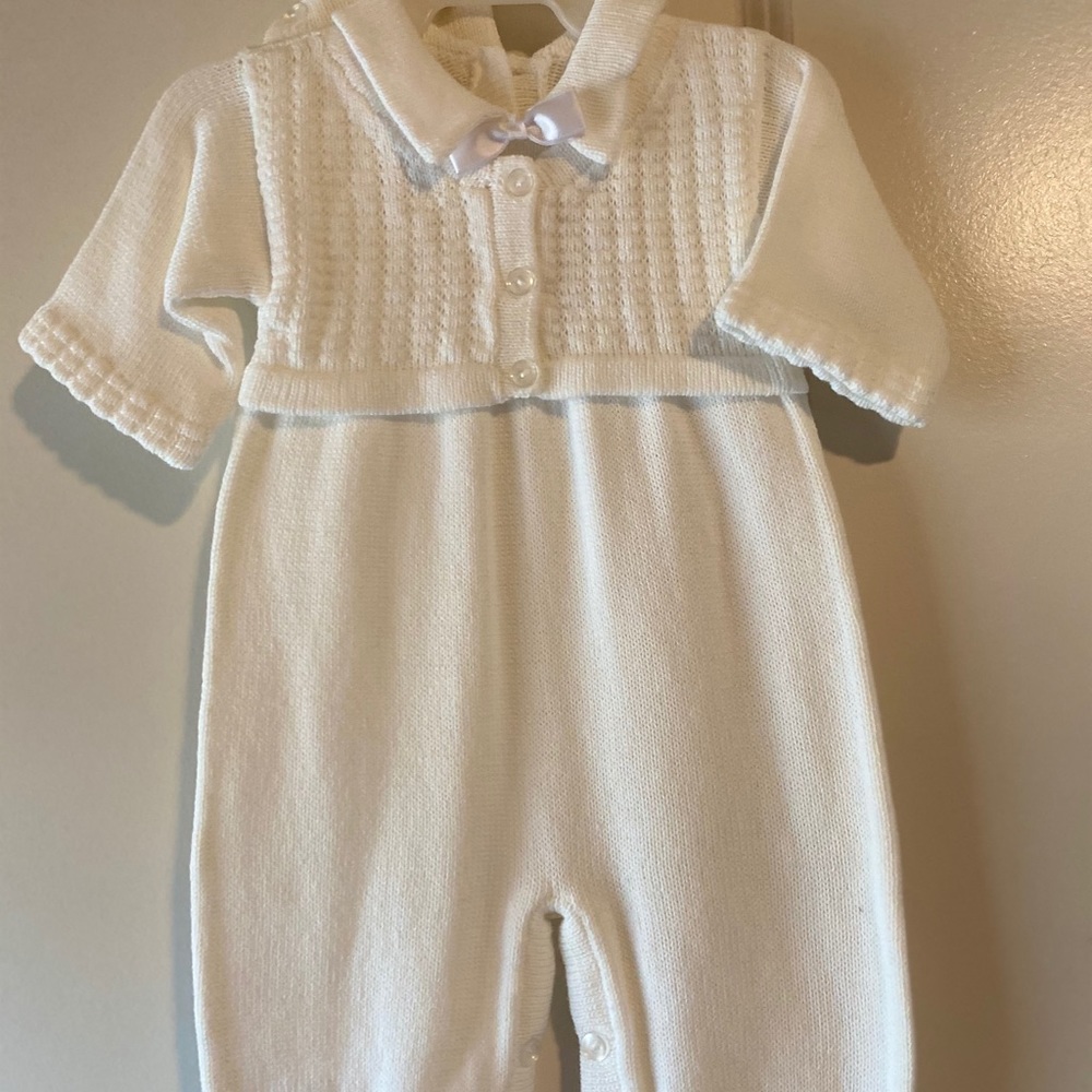 Boys knit Christening/Baptism one piece w bonnet